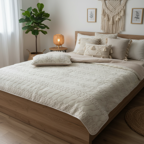 kołdra wełniana 160x200 dwustronna, jedna strona camel jasny cappuccino, druga strona kaszmir calabria wzór warkocz 01.jpg